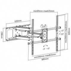 STAFFA A MURO PER MONITOR TV 60-100" FINO A 75 KG ESTENSIONE FINO A 635 MM CON MOVIMENTO ORIZZONTALE E VERTICALE