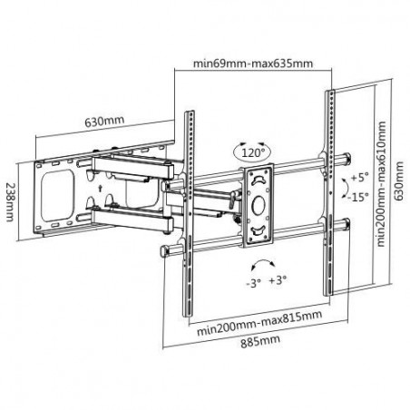 STAFFA A MURO PER MONITOR TV 60-100" FINO A 75 KG ESTENSIONE FINO A 635 MM CON MOVIMENTO ORIZZONTALE E VERTICALE