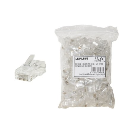 CONFEZIONE 100 CONNETTORI 8 POLI CAT 6 UTP NON SCHERMATO RJ45 CON INSERTO PER CAVO FLESSIBILE