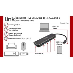 HUB USB-C ® CON 4 PORTE USB E PORTA USB-C FEMMINA PD PER RICARICA DISPOSITIVI