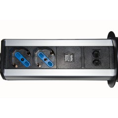 MULTIPRESA DA TAVOLO A SCOMPARSA CON 2 PRESE 16A FEMMINA ITA/SCHUKO, 1 RJ45, 1 RJ11, 2 USB