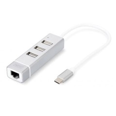 HUB CON 3 PORTE USB 2.0 TIPO A E 1 PORTA RETE RJ45, CONNETTORE MASCHIO TIPO C