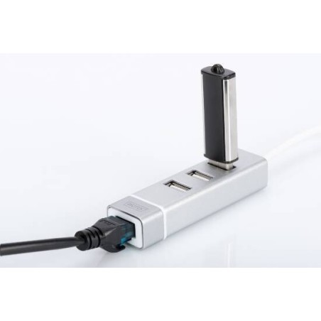 HUB CON 3 PORTE USB 2.0 TIPO A E 1 PORTA RETE RJ45, CONNETTORE MASCHIO TIPO C