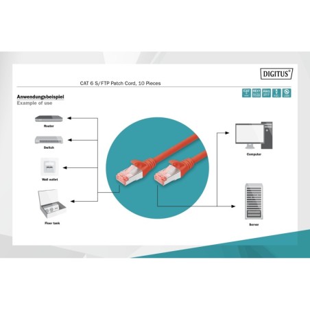 CONFEZIONE 10 CAVI CAT 6 SCHERMATI S/FTP MT 5 COLORE ROSSO DIGITUS
