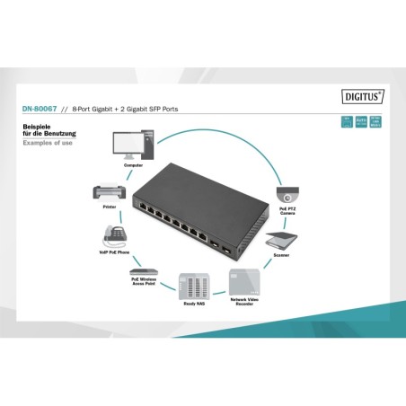 SWITCH 8-PORTE GIGABIT + 2 GIGABIT SFP ETHERNET, UNMANAGED