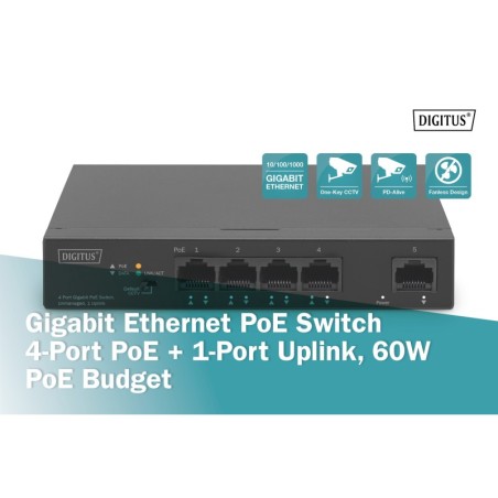 DIGITUS SWITCH 4 PORTE GIGABIT POE UNMANAGED, 1 UPLINK