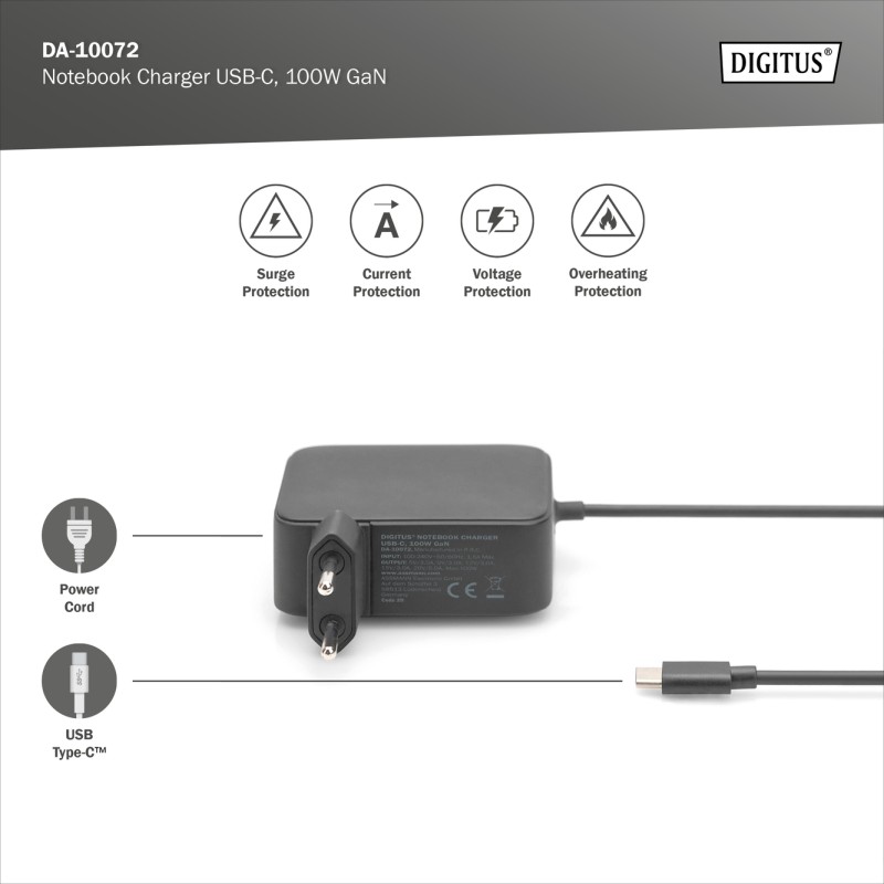 DIGITUS CARICATORE PER NOTEBOOK USB-C, 100W GAN
