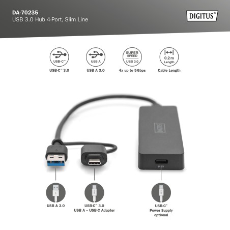DIGITUS HUB USB 3.0, 4 PORTE, SLIM LINE