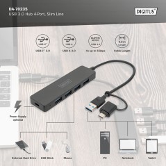 DIGITUS HUB USB 3.0, 4 PORTE, SLIM LINE