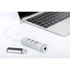 HUB CON 3 PORTE USB 2.0 TIPO A E 1 PORTA RETE RJ45, CONNETTORE MASCHIO TIPO C