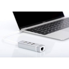 HUB CON 3 PORTE USB 2.0 TIPO A E 1 PORTA RETE RJ45, CONNETTORE MASCHIO TIPO C