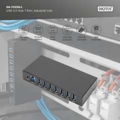 HUB USB 3.0 7 PORTE, INDUSTRIALE IN METALLO CON ALIMENTATORE INSTALLAZIONE DIN RAIL