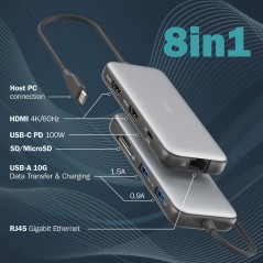 DOCKING STATION USB-C, 8 PORTE 2XHDMI, 3XUSB3.0, 1XRJ45, 1XSD, 1XMICROSD, 1XUSB-CPD