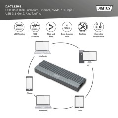 DIGITUS ALLOGGIAMENTO PER DISCO RIGIDO USB M.2, SSD, ESTERNO, NVME , 10GBPS, USB 3.1 GEN2, ALLUMINIO, SENZA ATTREZZI