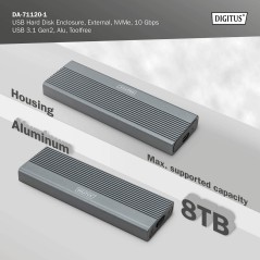 DIGITUS ALLOGGIAMENTO PER DISCO RIGIDO USB M.2, SSD, ESTERNO, NVME , 10GBPS, USB 3.1 GEN2, ALLUMINIO, SENZA ATTREZZI