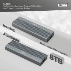 DIGITUS ALLOGGIAMENTO PER DISCO RIGIDO USB M.2, SSD, ESTERNO, SATA, 6GBPS, USB 3.1 GEN2, ALLUMINIO, SENZA ATTREZZI