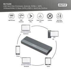 DIGITUS ALLOGGIAMENTO PER DISCO RIGIDO USB M.2, SSD, ESTERNO, NVME + SATA, 10 GBPS (NVME) 6 GBPS (SATA), USB3.1 GEN2, ALLUMINIO,