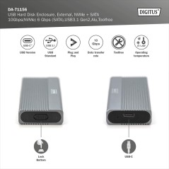 DIGITUS ALLOGGIAMENTO PER DISCO RIGIDO USB M.2, SSD, ESTERNO, NVME + SATA, 10 GBPS (NVME) 6 GBPS (SATA), USB3.1 GEN2, ALLUMINIO,