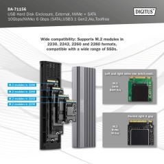 DIGITUS ALLOGGIAMENTO PER DISCO RIGIDO USB M.2, SSD, ESTERNO, NVME + SATA, 10 GBPS (NVME) 6 GBPS (SATA), USB3.1 GEN2, ALLUMINIO,