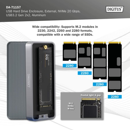 DIGITUS ALLOGGIAMENTO PER DISCO RIGIDO USB M.2, SSD, ESTERNO, NVME , 20GBPS, USB 3.2 GEN2X2, ALLUMINIO, INCL. MATERIALE DI FISSA