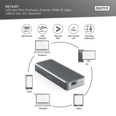 DIGITUS ALLOGGIAMENTO PER DISCO RIGIDO USB M.2, SSD, ESTERNO, NVME , 20GBPS, USB 3.2 GEN2X2, ALLUMINIO, INCL. MATERIALE DI FISSA
