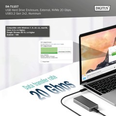 DIGITUS ALLOGGIAMENTO PER DISCO RIGIDO USB M.2, SSD, ESTERNO, NVME , 20GBPS, USB 3.2 GEN2X2, ALLUMINIO, INCL. MATERIALE DI FISSA