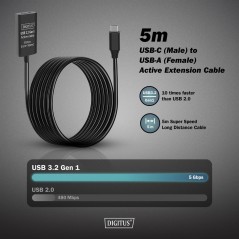 CAVO DI PROLUNGA ATTIVO USB 3.2 GEN1 5G, USB-C - USB-A, 5 MT