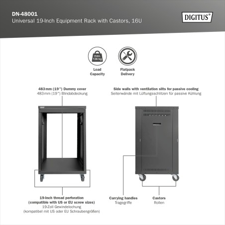 DIGITUS RACK UNIVERSALE PER APPARECCHIATURE DA 19 POLLICI CON ROTELLE, 16UH
