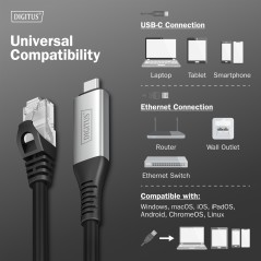 DIGITUS USB-C 3.2 GEN1 - CAVO ETHERNET RJ45, 1GBIT/S, 2 MT. COLORE NERO