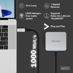 DIGITUS USB-C 3.2 GEN1 - CAVO ETHERNET RJ45, 1GBIT/S, 10 MT. COLORE NERO