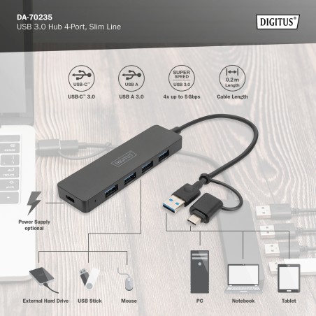 DIGITUS HUB USB 3.0, 4 PORTE, SLIM LINE