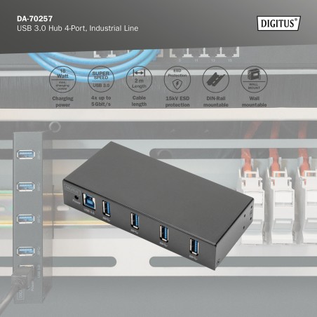 DIGITUS HUB USB 3.0, 4 PORTE, INDUSTRIAL LINE