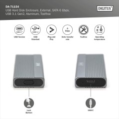 DIGITUS ALLOGGIAMENTO PER DISCO RIGIDO USB M.2, SSD, ESTERNO, SATA, 6GBPS, USB 3.1 GEN2, ALLUMINIO, SENZA ATTREZZI