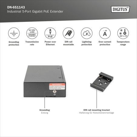 DIGITUS EXTENDER INDUSTRIALE 5 PORTE GIGABIT POE