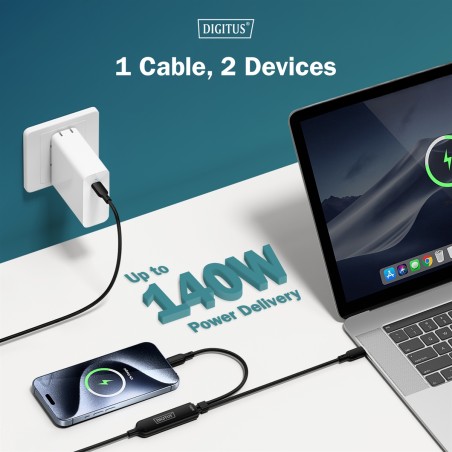 DIGITUS CAVO DI RICARICA USB-C 2IN1, 140 W, 1,8 MT