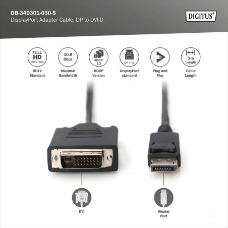 CAVO ADATTATORE DISPLAYPORT, DA DP A DVI-D 3 MT. COLORE NERO