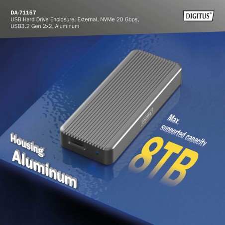 DIGITUS ALLOGGIAMENTO PER DISCO RIGIDO USB M.2, SSD, ESTERNO, NVME , 20GBPS, USB 3.2 GEN2X2, ALLUMINIO, INCL. MATERIALE DI FISSA