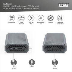 DIGITUS ALLOGGIAMENTO PER DISCO RIGIDO USB M.2, SSD, ESTERNO, NVME, 40GBPS, USB 4.0, ALLUMINIO, SENZA ATTREZZI