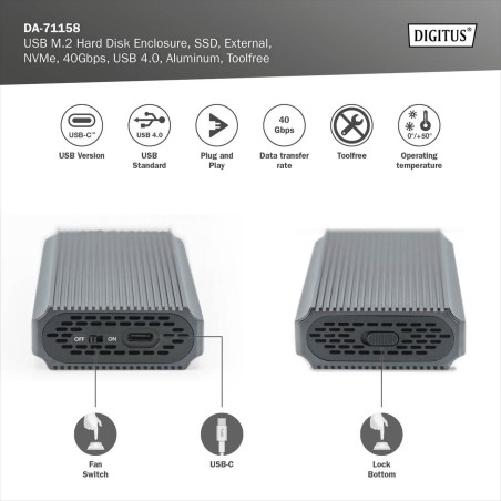 DIGITUS ALLOGGIAMENTO PER DISCO RIGIDO USB M.2, SSD, ESTERNO, NVME, 40GBPS, USB 4.0, ALLUMINIO, SENZA ATTREZZI