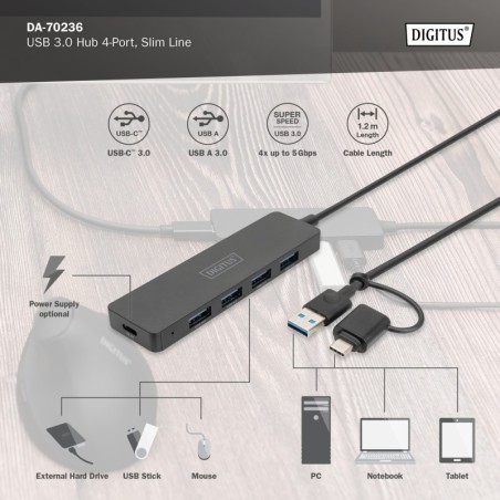 DIGITUS HUB USB 3.0, 4 PORTE, SLIM LINE