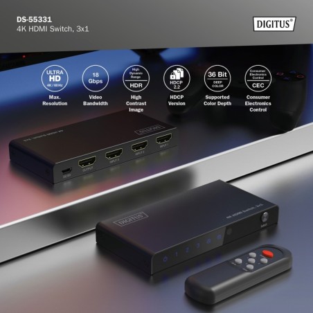 SWITCH HDMI 3X1, 4K/60HZ HDCP 2.3