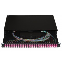 PANNELLO FIBRA OTTICA 19" CON 24 ADATTATORI LC DUPLEX OM4 PROFONDITA' 250 MM CON PIGTAIL INSTALLATI COLORE NERO