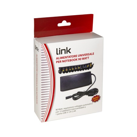 ALIMENTATORE UNIVERSALE PER NOTEBOOK 90 WATT 5A MAX, REGOLAZIONE AUTOMATICA 12-20 VOLT CON 12 ADATTATORI , 1 PORTA USB PER RICAR