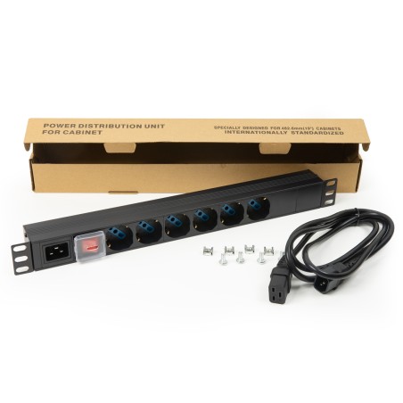 MULTIPRESA DA RACK 19" 6 PRESE UNIVERSALI CON CAVO ALIMENTAZIONE C14 MASCHIO REMOVIBILE