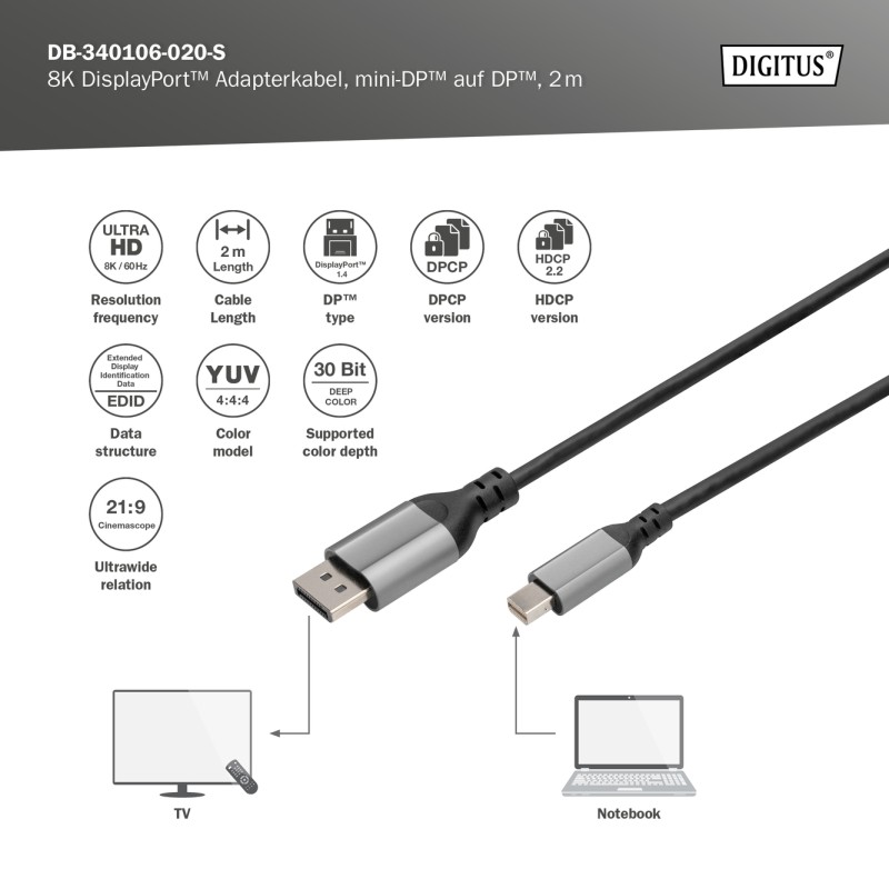 DIGITUS CAVO ADATTATORE DISPLAYPORT 8K, DA MINI DP A DP MT 2