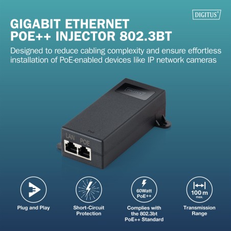 INIETTORE DIGITUS GIGABIT ETHERNET POE++  802.3BT (60 W) COLORE BIANCO