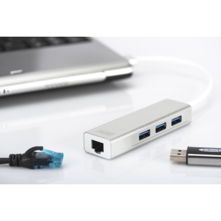 HUB A 3 PORTE USB 3.0 E ADATTATORE LAN GIGABIT DIGITUS