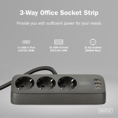 DIGITUS PRESA PER UFFICIO A 3 VIE CON 2X CONNESSIONI USB-A E 1X USB-C, NERO