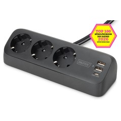 DIGITUS PRESA PER UFFICIO A 3 VIE CON 2X CONNESSIONI USB-A E 1X USB-C, NERO