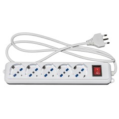 MULTIPRESA 5 PRESE UNIVERSALI ITA/SCHUKO 10/16 A - SPINA 16 A CON INTERRUTTORE BIANCA CON PROTEZIONE CONTRO SOVRACCARICHI